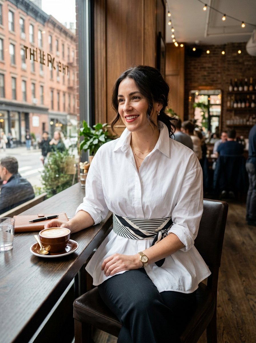 A woman in a white shirt and patterned waist sash sits at a cafe window table holding a cup of latte.