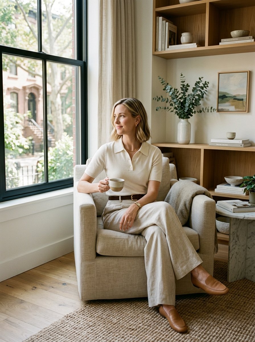 Blonde woman in cream polo and linen pants sitting in a beige armchair holding a ceramic mug by a sunny window.