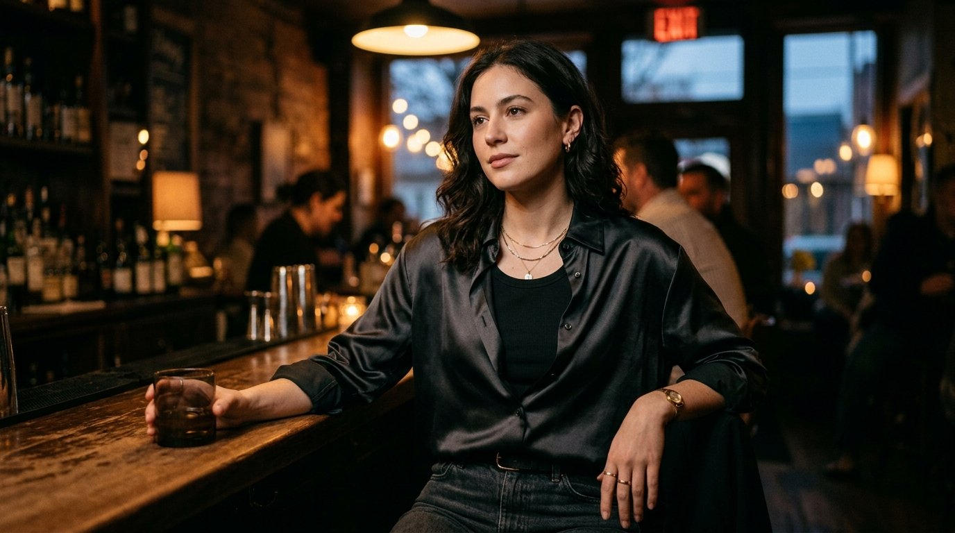A brunette woman in a black silk button-down shirt sits holding a glass at a rustic wooden bar with blurred patrons.