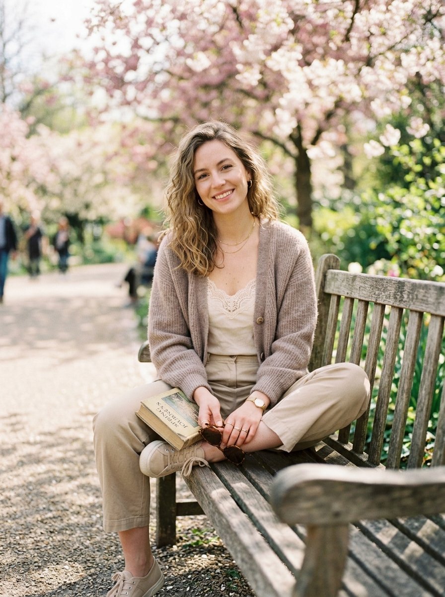 Curly-haired woman in a beige cardigan holding a book while sitting on a wooden bench beneath cherry blossoms.