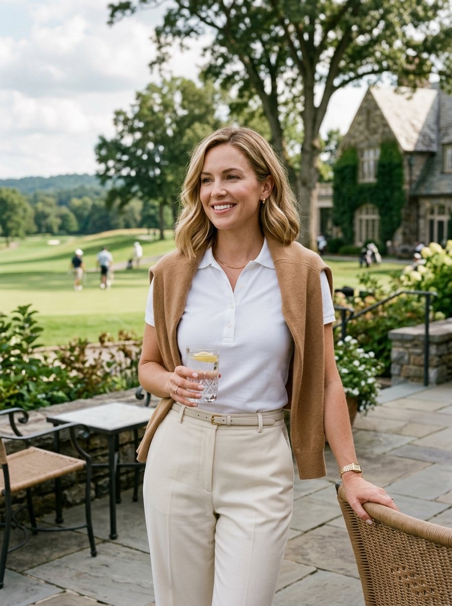 Blonde woman in a white polo and beige trousers holding a glass of water on a stone patio overlooking a golf course.