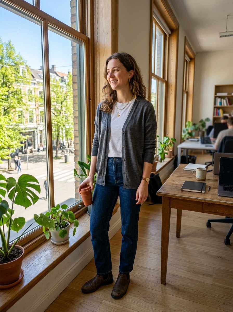 Young woman wearing a grey cardigan and jeans stands looking out of a bright office window with plants nearby.