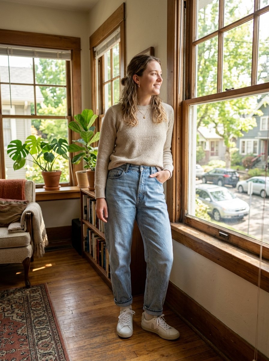 Young woman with wavy hair wearing jeans and a textured sweater standing in a bright sunlit room.