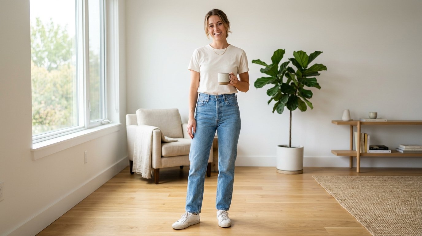 A smiling woman wearing a beige shirt and light blue denim jeans stands in a minimalist living room.