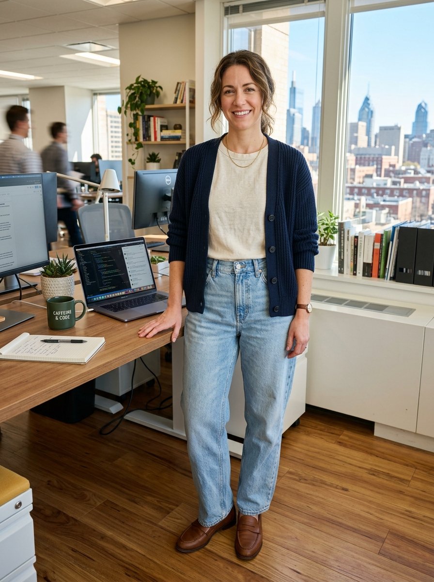 A smiling woman in a navy cardigan and jeans stands next to a wooden desk with a laptop displaying code.
