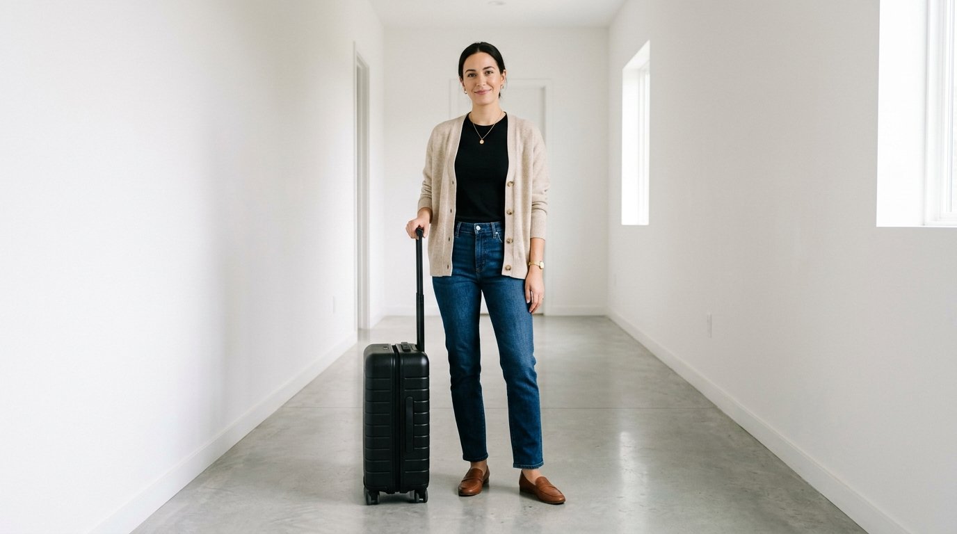 Woman in a beige cardigan and blue jeans holds a black carry-on suitcase in a white hallway.