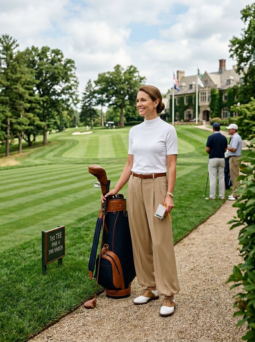 A smiling woman in a white polo and tan trousers stands with a leather golf bag on a gravel path.