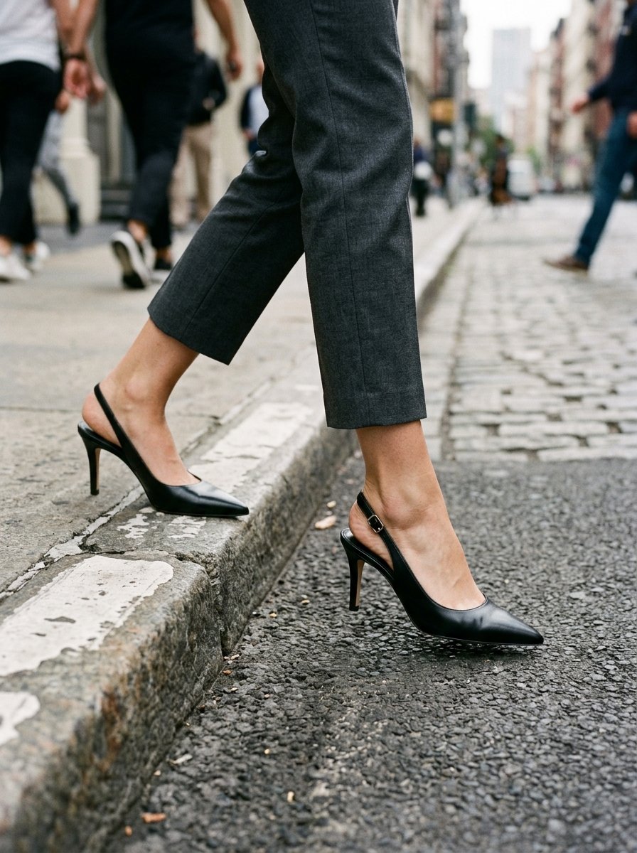 Close-up view of a woman's feet in black pointed-toe heels stepping from a sidewalk onto a cobblestone road.