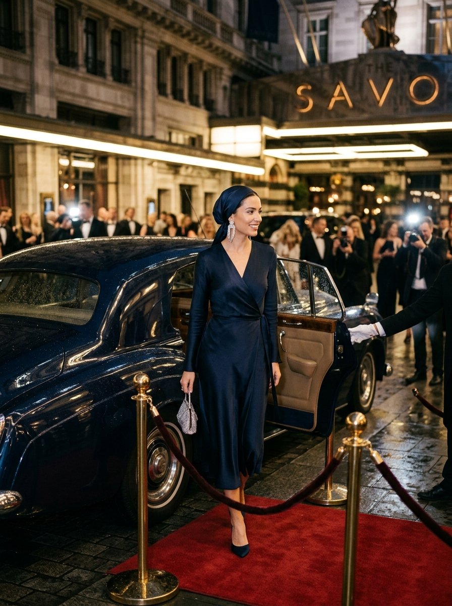 A woman wearing a navy headscarf and matching wrap dress steps out of a vintage car onto a red carpet entrance.
