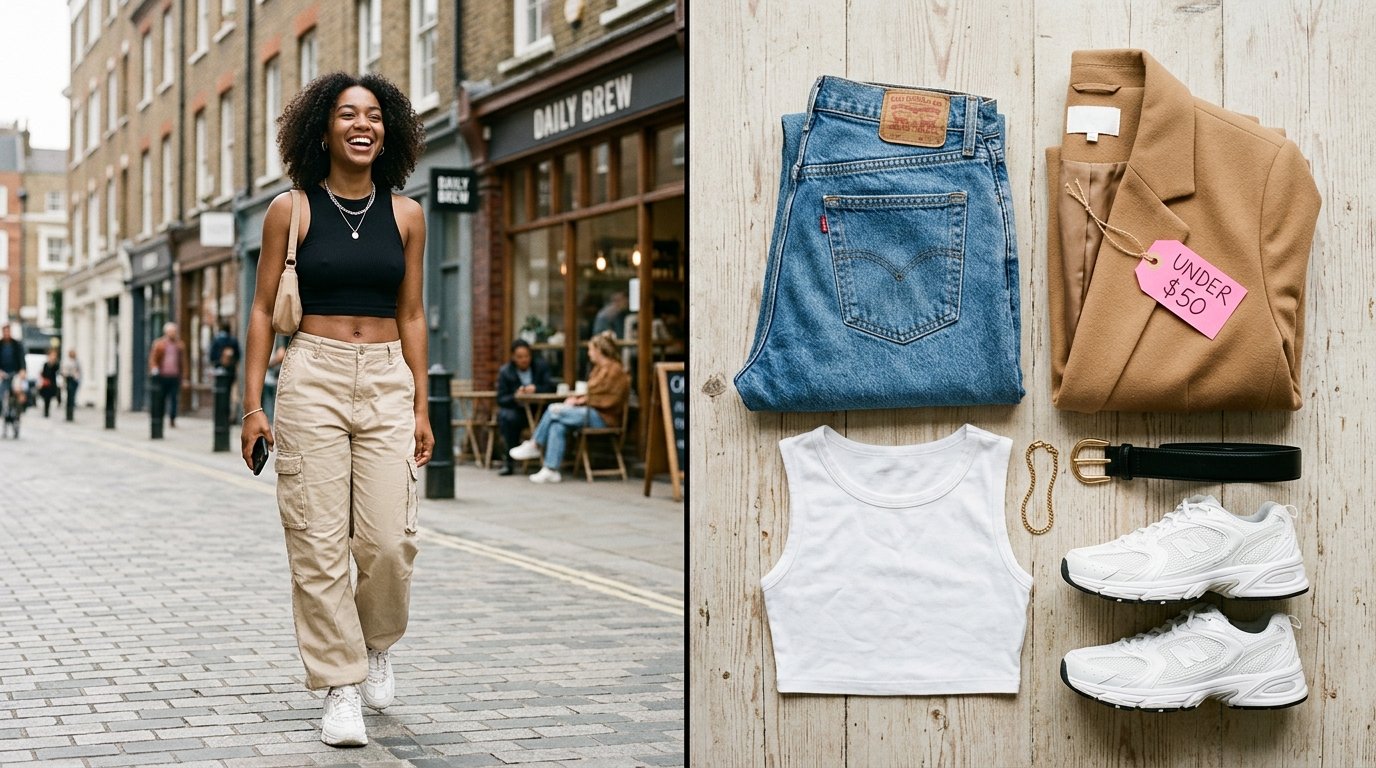 A smiling woman in cargo pants next to a flatlay of blue jeans, blazer, white tank top, and white sneakers.