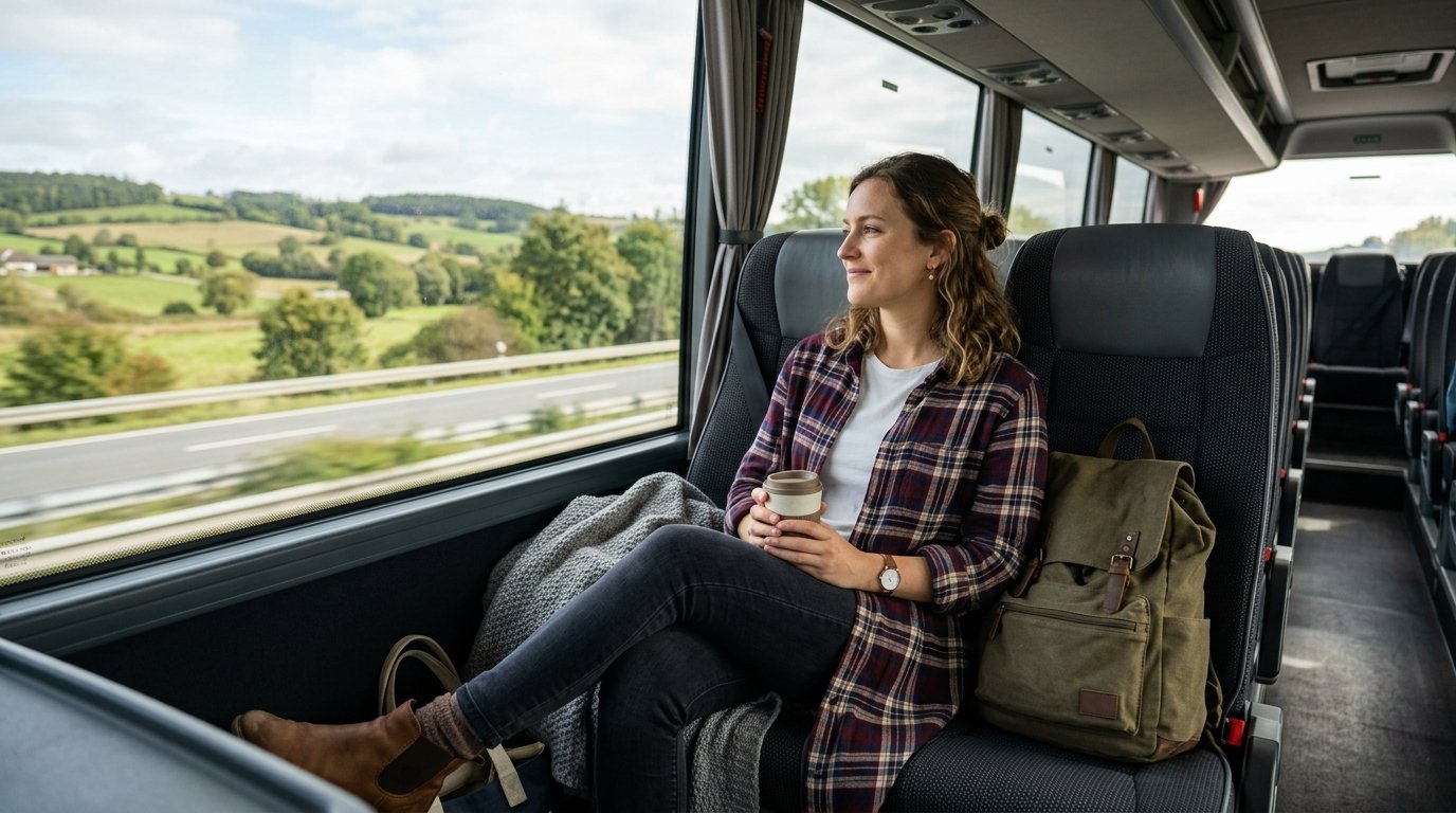 A smiling woman with a coffee cup sits on a bus seat next to a window overlooking a scenic countryside road.