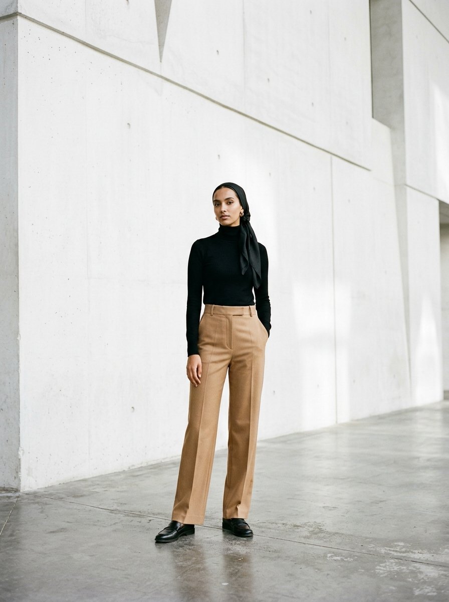 A woman wearing a black headscarf, black turtleneck, and tan dress pants stands against a white concrete wall.