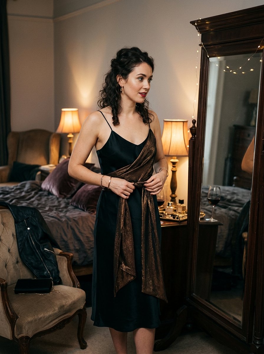 Young woman looking into a bedroom mirror while tying a bronze fabric sash around her black satin midi dress.