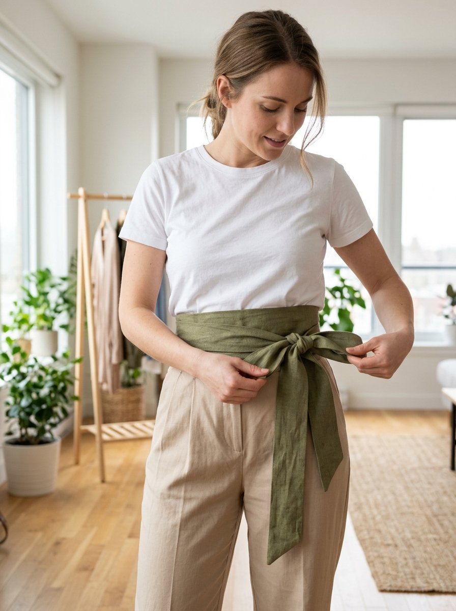 Close up of a woman in a white t-shirt tying a wide, olive green linen belt around her waist.