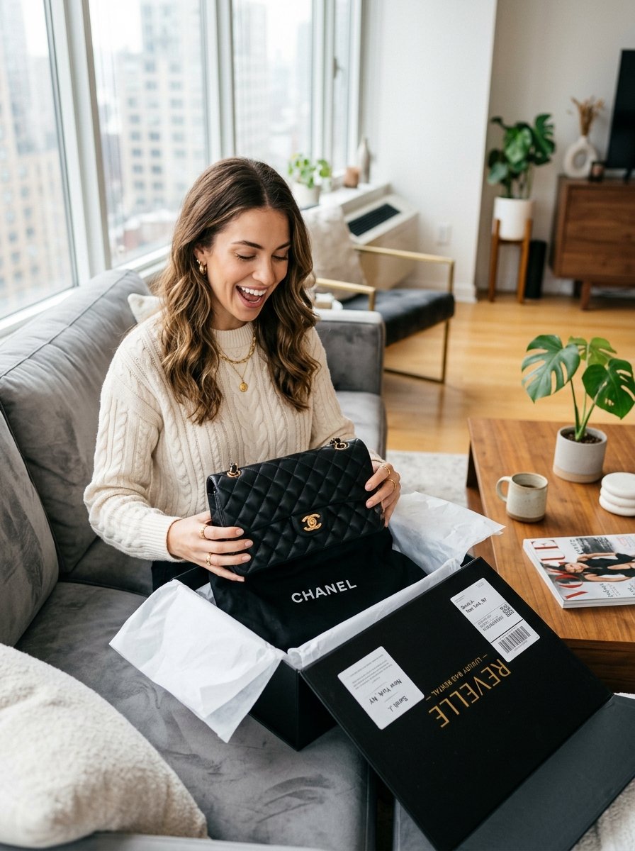 Smiling woman in a cable knit sweater excitedly lifting a black quilted Chanel bag out of a Revelle rental box.