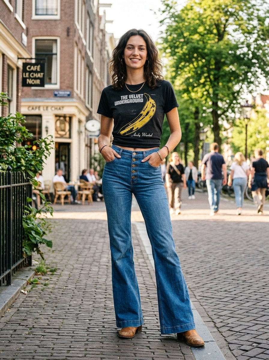 A woman stands on a brick street wearing a black band t-shirt, button-fly flared jeans, and boots.