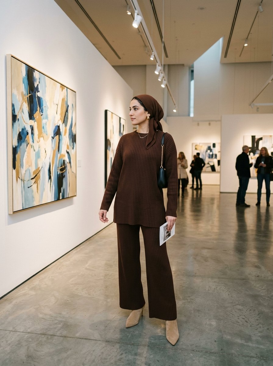 A woman wearing a brown headscarf and ribbed knit outfit looking at a framed blue and gold painting in a museum.