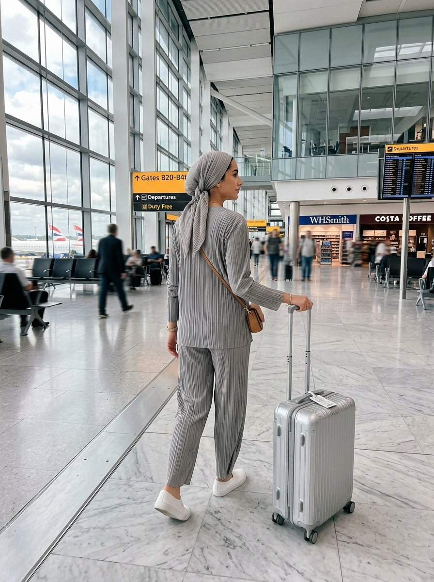 Traveler in a grey hijab and matching pleated outfit pulls a silver suitcase through a modern airport terminal.