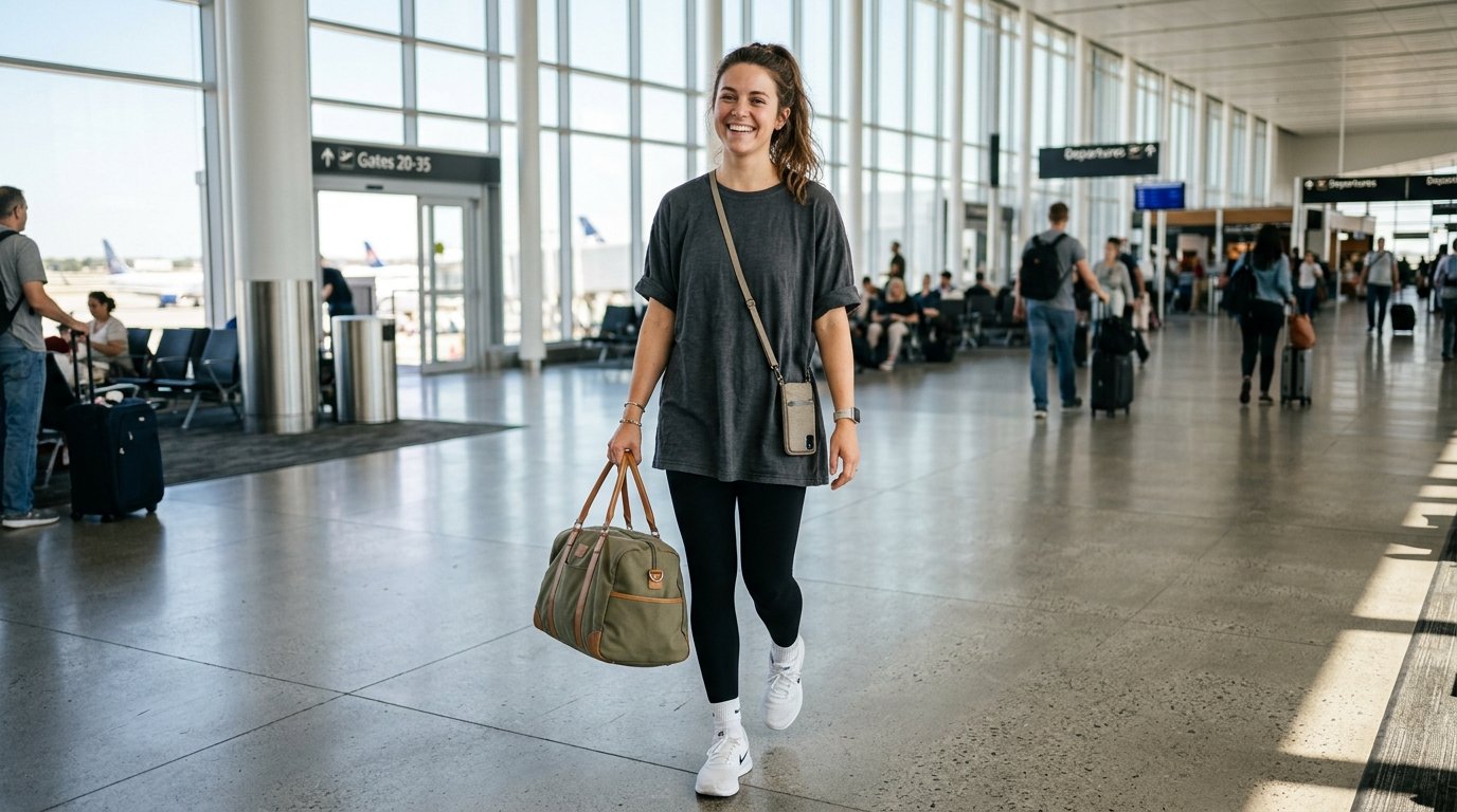 Young woman in casual clothes carrying a duffel bag and phone case while walking through an airport concourse.