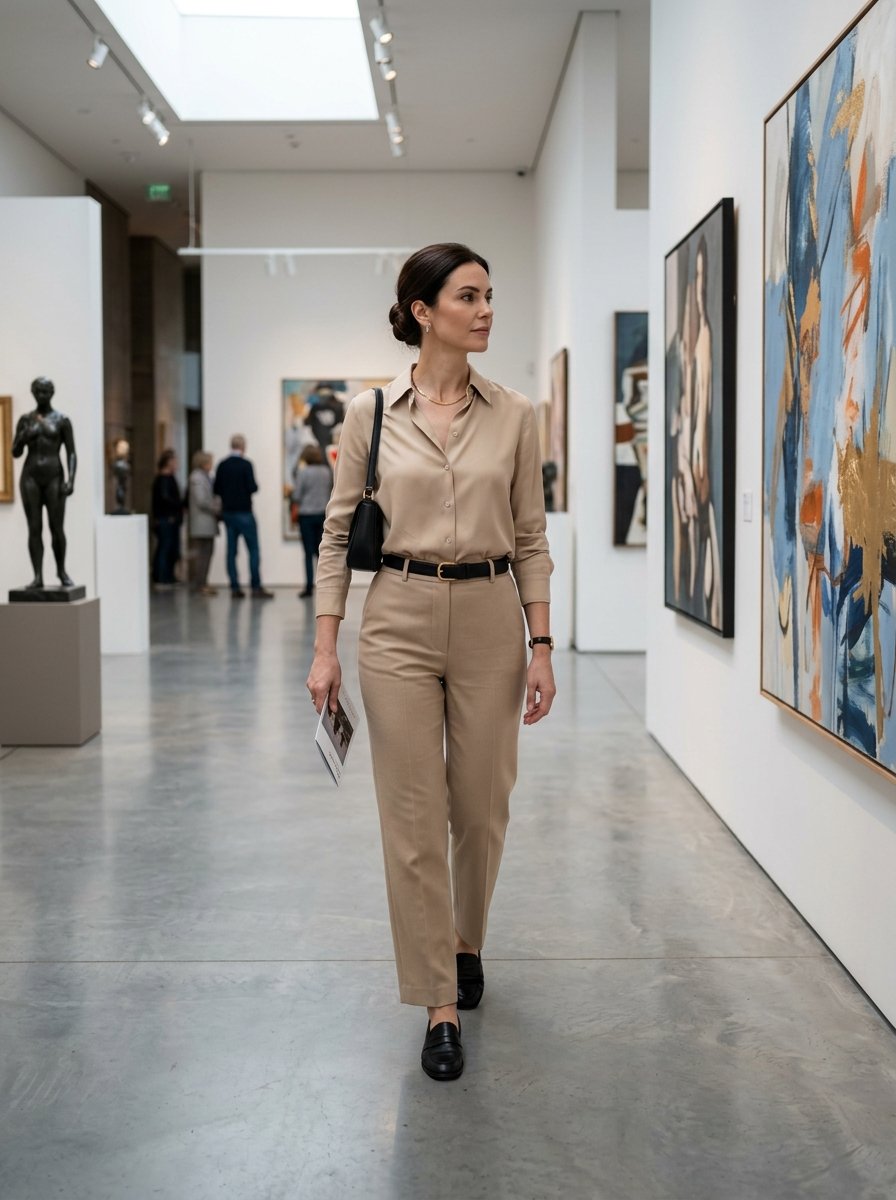 A woman in a beige outfit walks through a bright gallery past abstract paintings and a bronze statue.