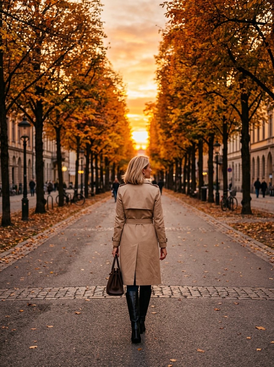 Back view of a woman with blonde hair wearing a tan coat and black boots strolling along a tree-lined city avenue.
