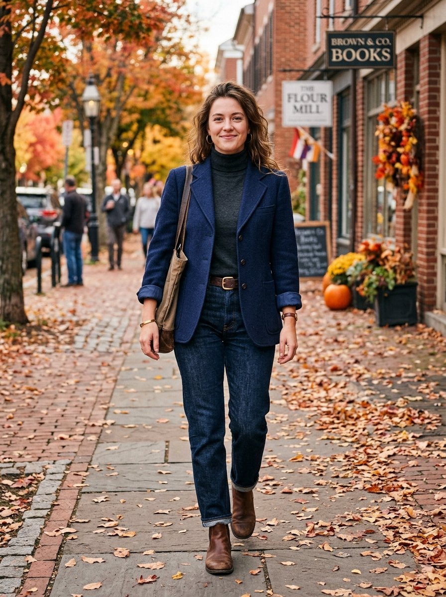 A smiling woman in a navy blazer and dark jeans strolls along a leaf-covered brick sidewalk past bookstore signs.