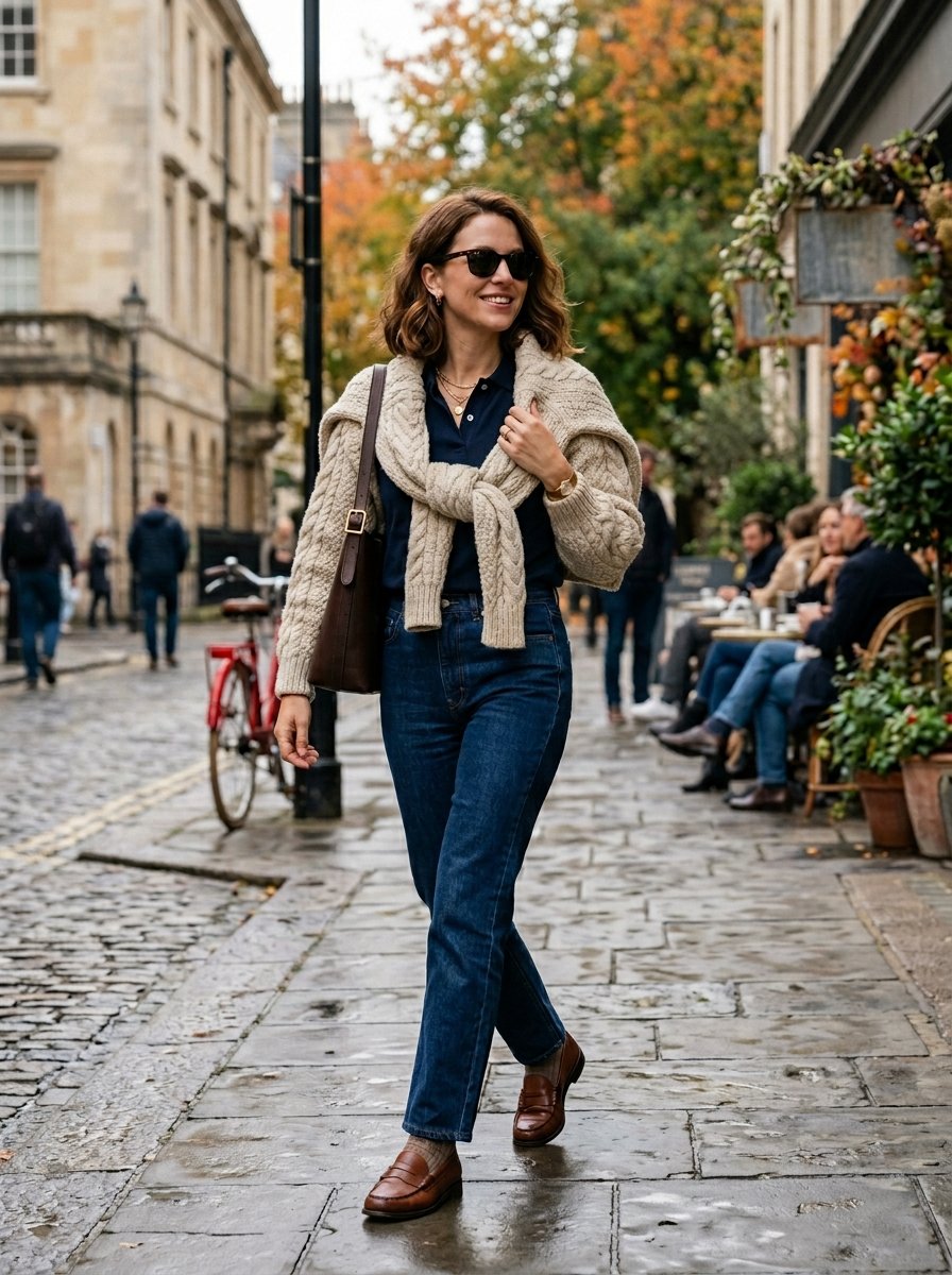 A woman wearing a dark polo, jeans, and a sweater over her shoulders walks on a wet city sidewalk.