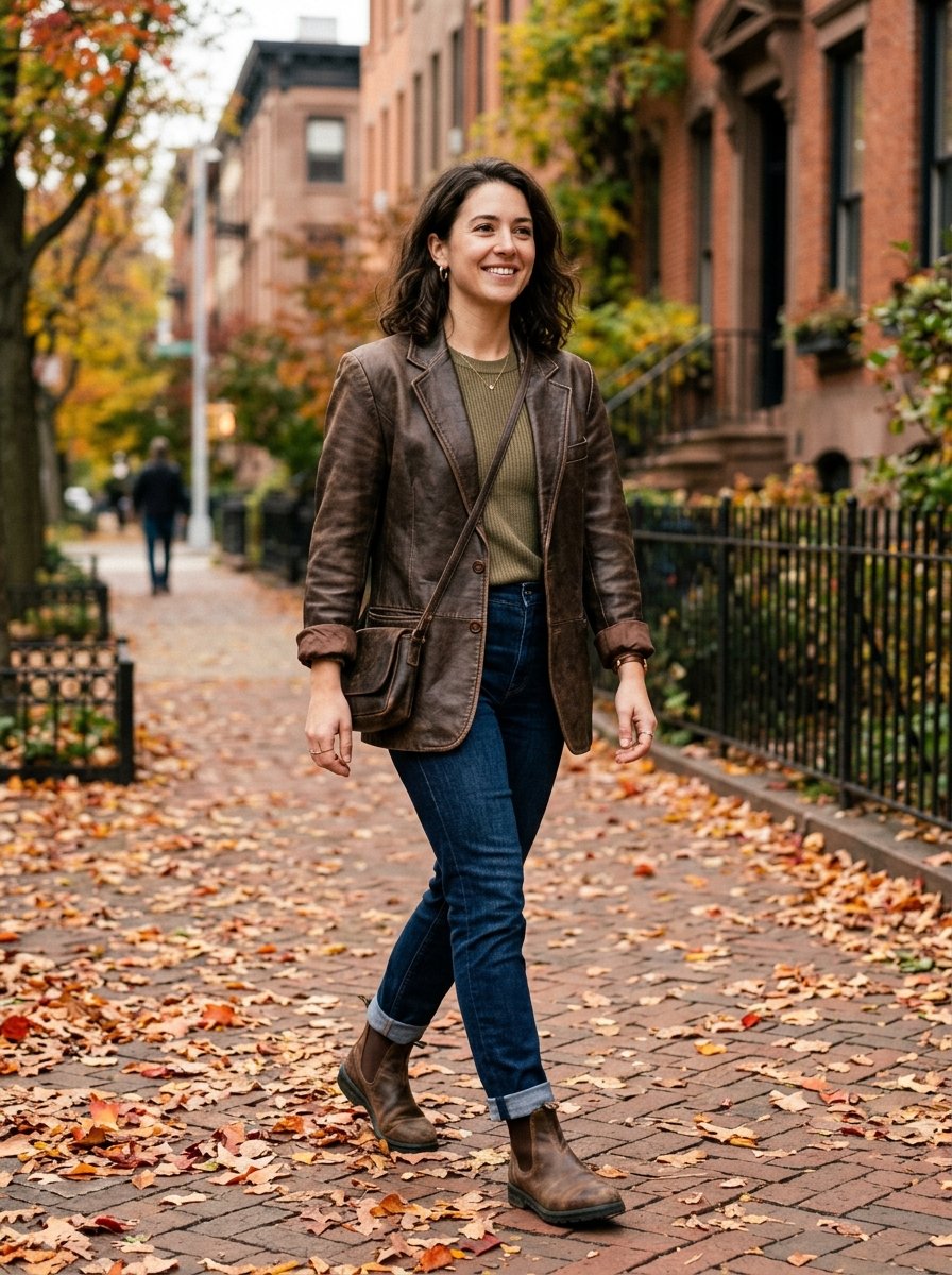 A woman wears a brown leather jacket and jeans while walking on a path covered in fallen autumn leaves.