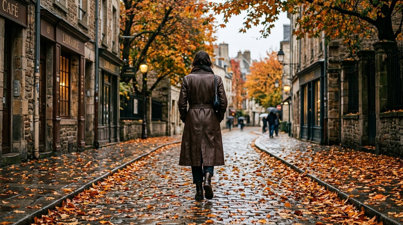 Rear view of a person wearing a long leather coat walking down a wet, leaf-covered European street.
