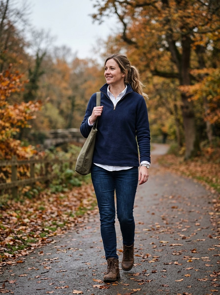 Woman in a navy fleece and jeans carrying a tote bag while strolling down a woodland path covered in fall foliage.
