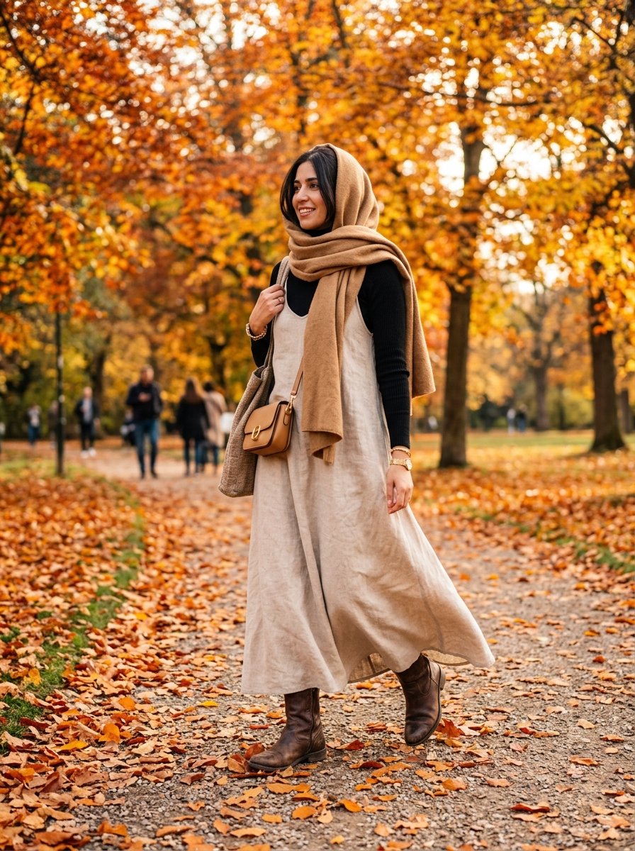 A smiling woman in a beige headscarf and linen dress walking down a leaf-covered path in a park during autumn.