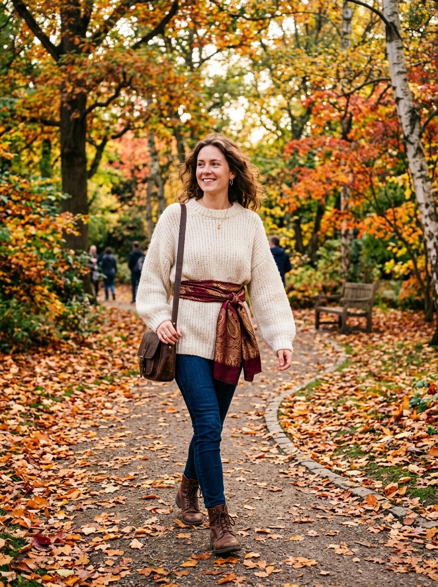 A woman with wavy hair wearing a chunky white sweater and leather crossbody bag walks on a path covered in fallen leaves.