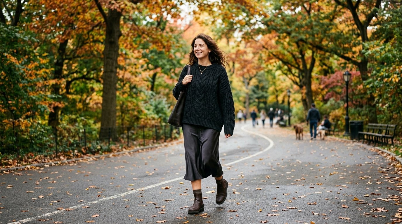 Young woman wearing a cable knit sweater and midi skirt walking along a paved path surrounded by fall foliage.