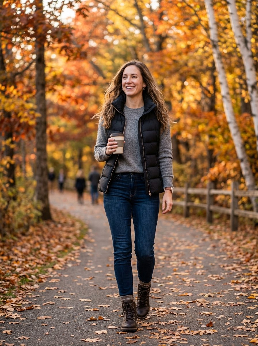 A smiling woman in a black puffer vest and jeans walking on a leaf-covered path during a fall afternoon.