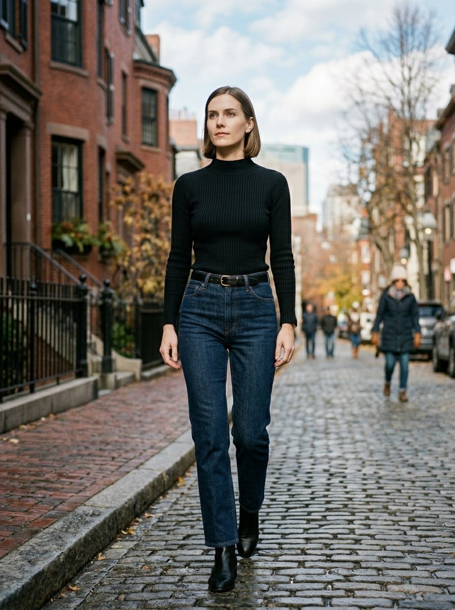 A woman with short hair wearing a black sweater and blue jeans walks along a historic cobblestone road in the city.