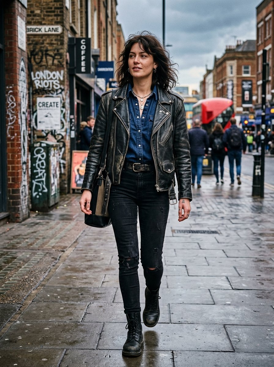 A woman with short dark hair wears a leather jacket and denim shirt while walking on a London sidewalk.