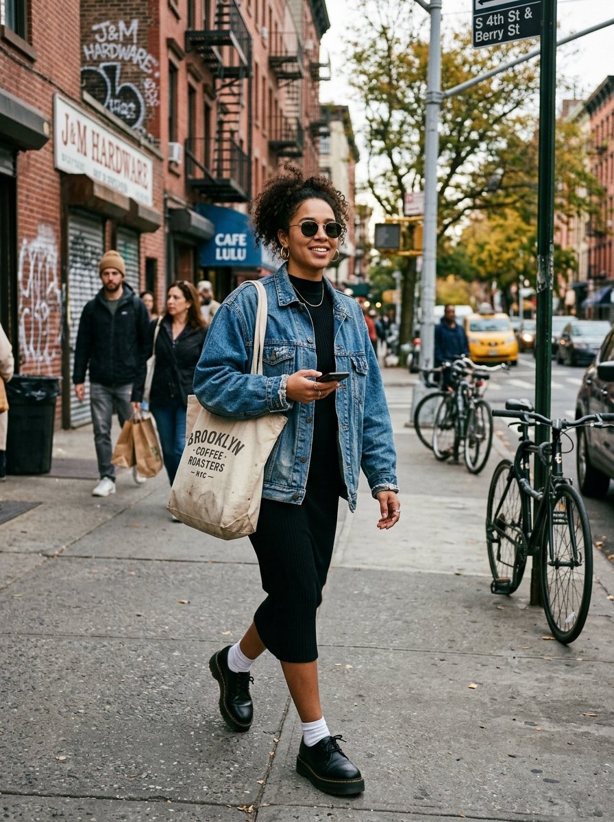 Young woman with curly hair wearing a denim jacket and black dress walking on a sidewalk in Brooklyn.