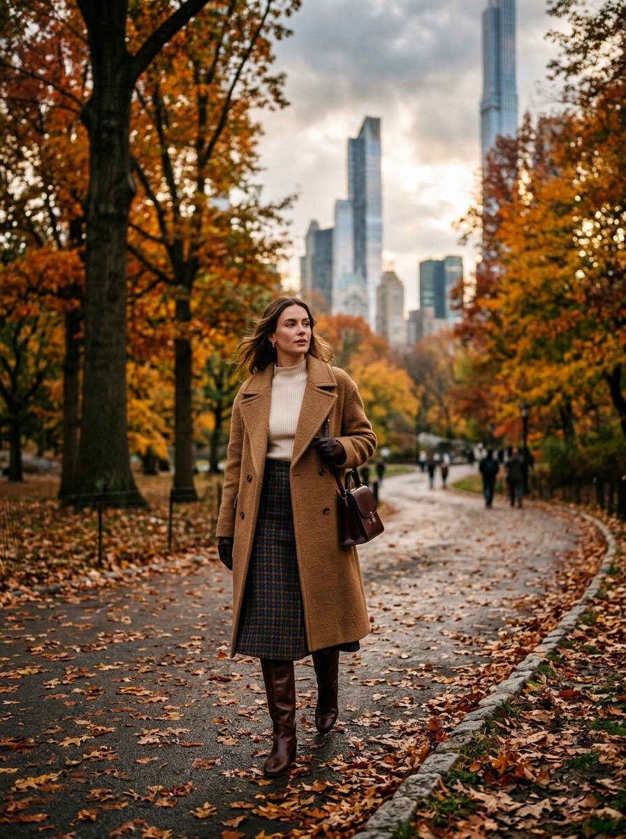 A woman in a tan wool coat and plaid skirt walking along a leaf-covered path with NYC skyline in the distance.