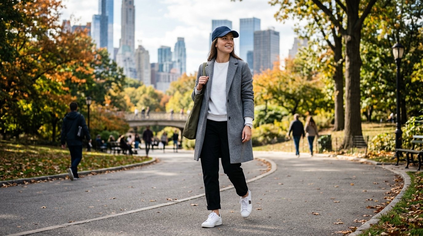 A smiling woman with a baseball cap walks along a paved path in a park with skyscrapers in the background.