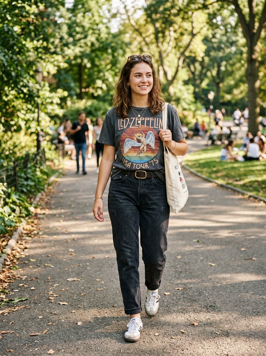 Young woman in a graphic band tee and dark jeans walking along a leafy gravel park pathway.