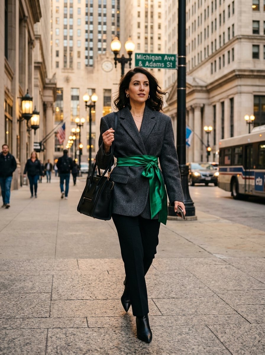 Woman in a grey blazer with a green sash walking on a Chicago sidewalk near an intersection sign.