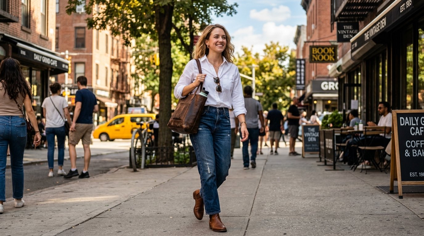 Blonde woman in a white shirt walks on a New York sidewalk past cafes and pedestrians.