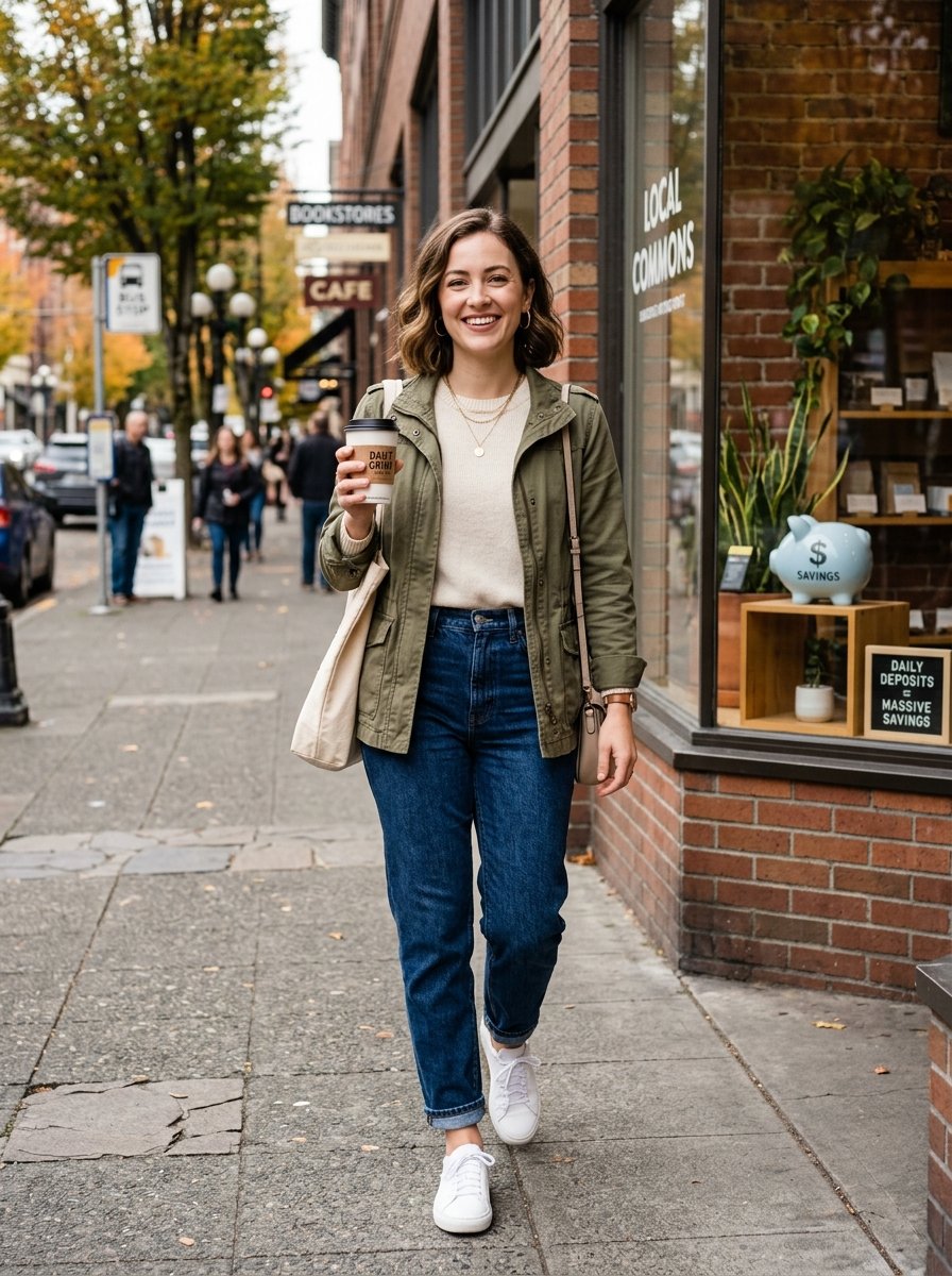 Young woman with bob hair wearing olive jacket and blue jeans walking on urban sidewalk with coffee