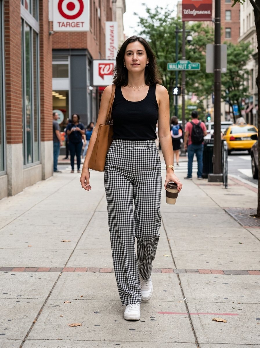Young woman in a black tank top and checkered pants carries a brown tote bag and coffee cup on a city sidewalk.