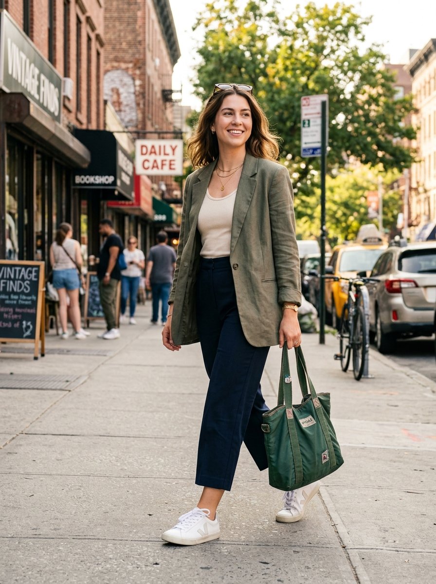 A smiling woman walks on a city sidewalk carrying a green tote bag wearing an olive jacket and dark navy trousers.