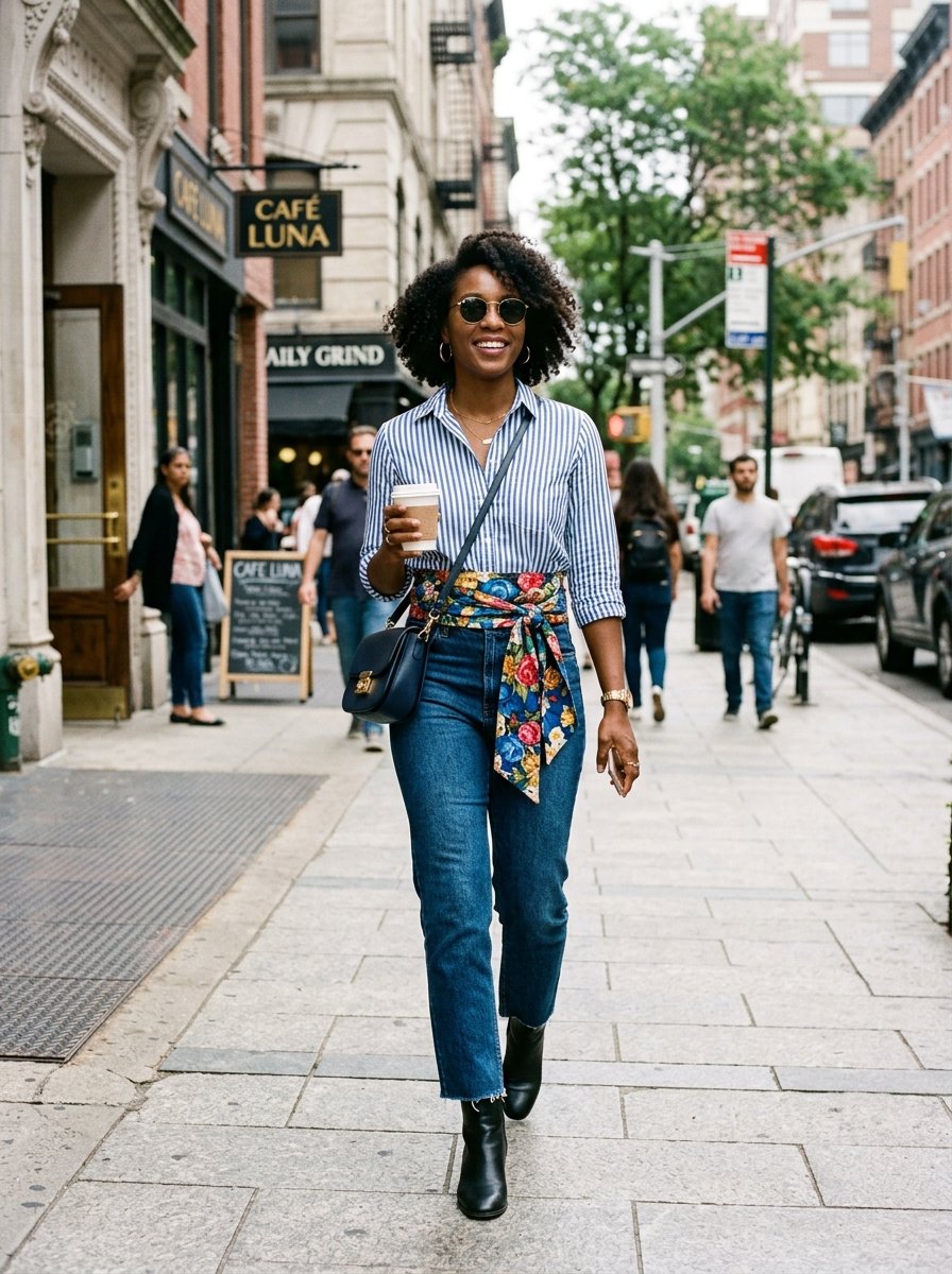 A woman with curly hair walks down a New York sidewalk wearing blue jeans, a striped shirt, and a colorful belt.