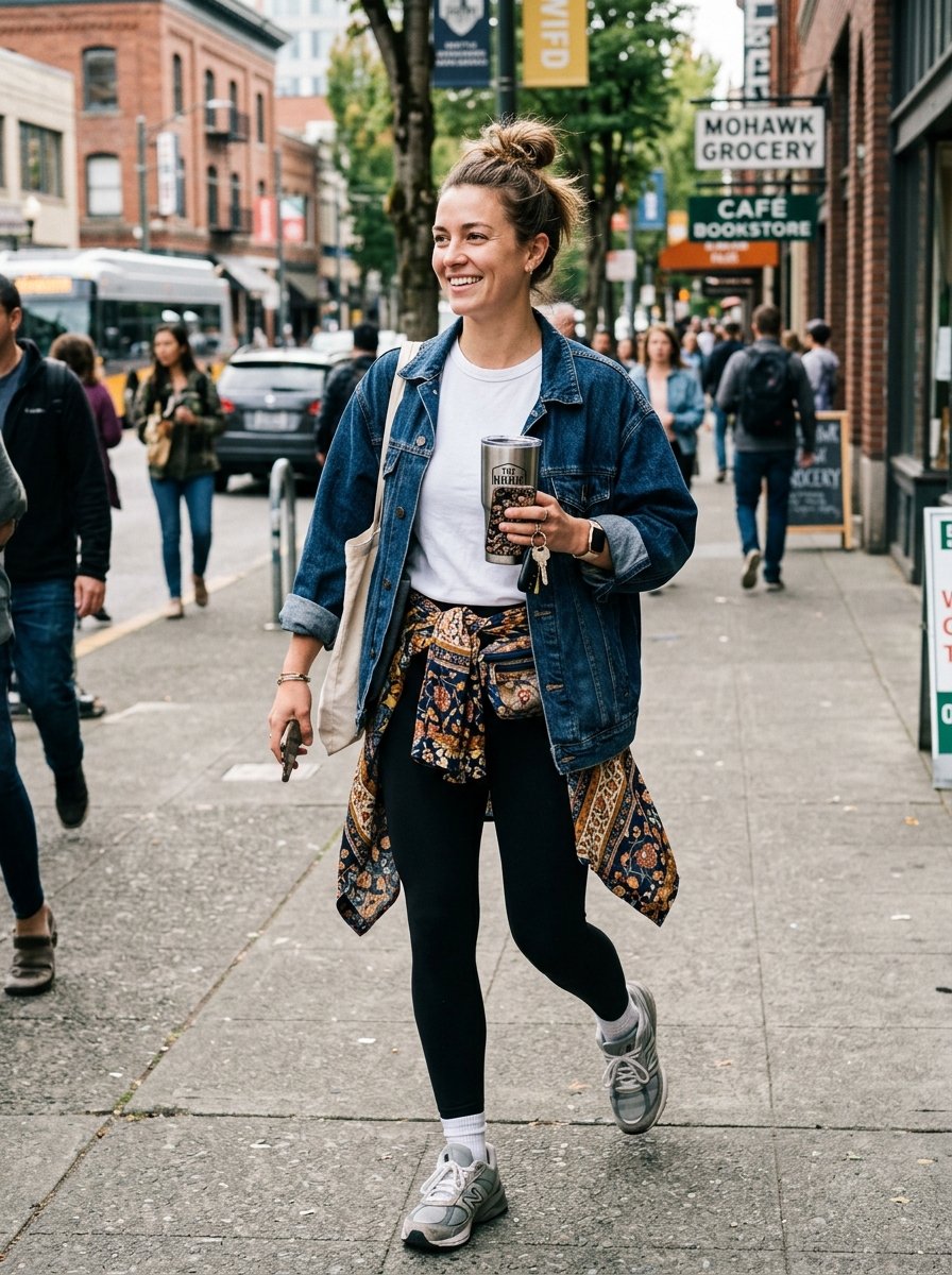 Young woman in a denim jacket and leggings walking on a sidewalk past shops and pedestrians.