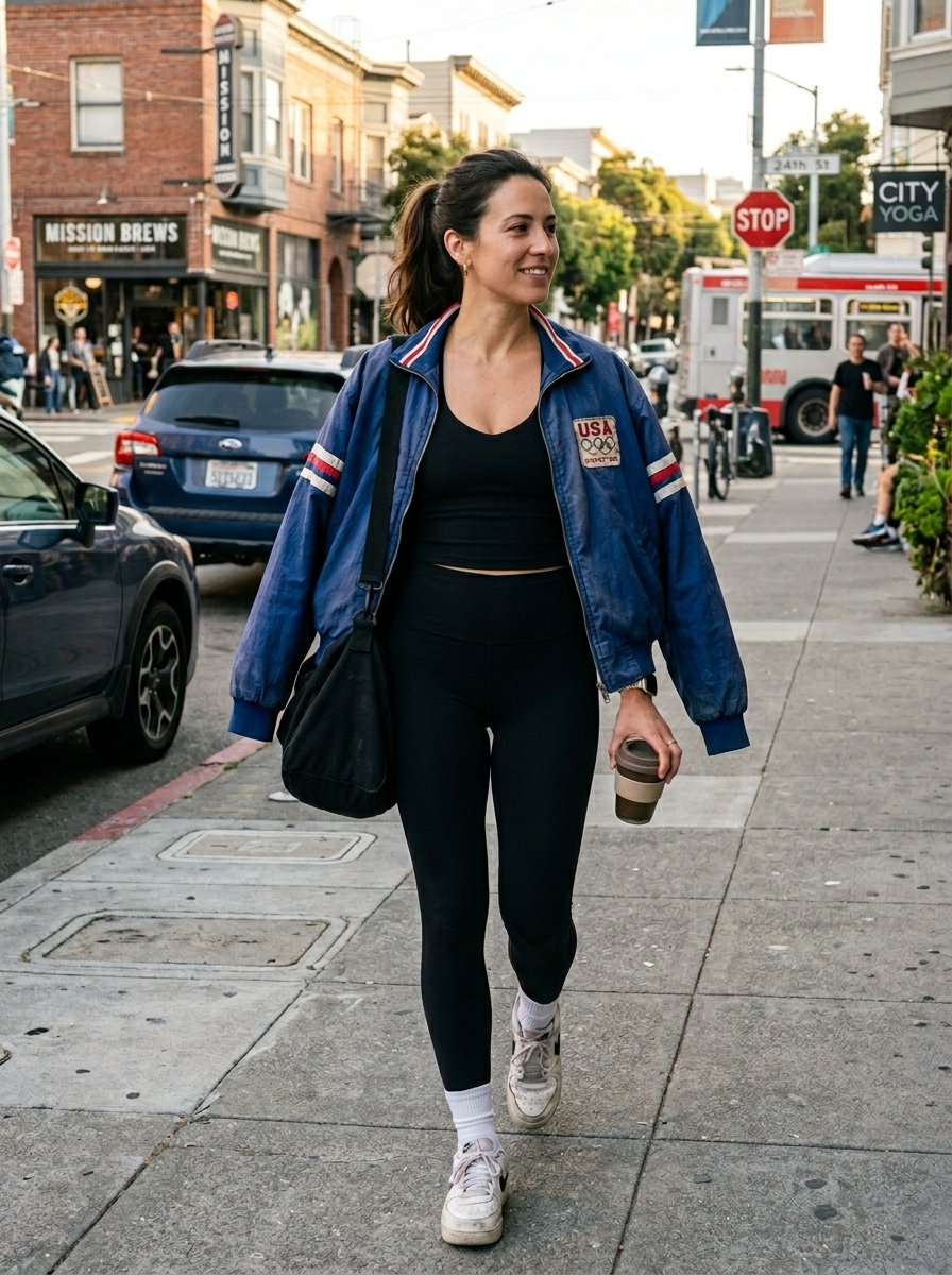 A woman wearing a black athletic outfit and vintage USA bomber jacket walking with a coffee on a city sidewalk.