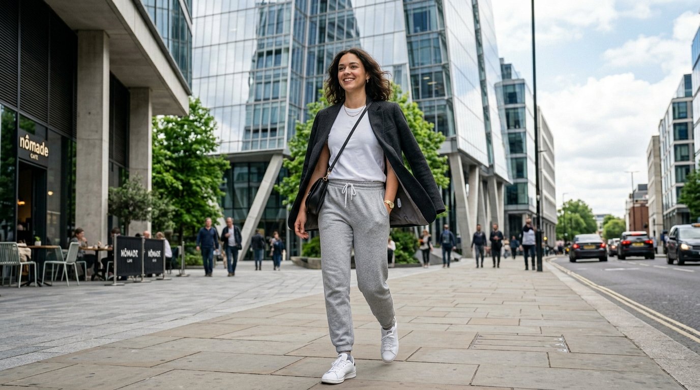 Smiling woman in a blazer and grey sweatpants walking on a city sidewalk past glass office buildings.