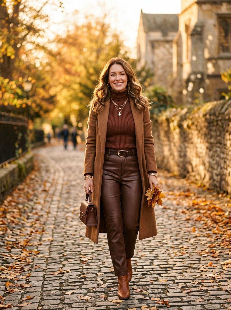 Smiling woman in brown coat and leather pants holding maple leaves on a fall street.